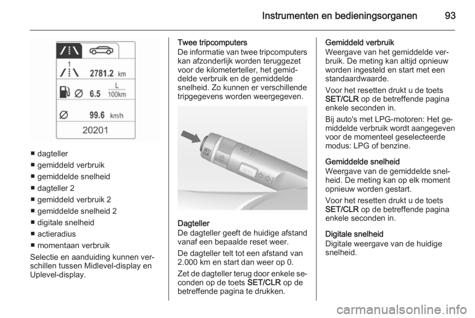 OPEL ADAM 2015  Gebruikershandleiding (in Dutch) Instrumenten en bedieningsorganen93
■ dagteller
■ gemiddeld verbruik
■ gemiddelde snelheid
■ dagteller 2
■ gemiddeld verbruik 2
■ gemiddelde snelheid 2
■ digitale snelheid
■ actieradiu