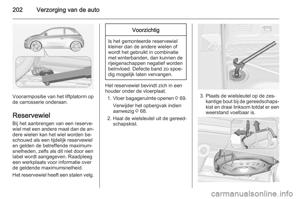 OPEL ADAM 2015.5 Gebruikershandleiding (in Dutch) 202Verzorging van de auto
Voorarmpositie van het liftplatorm op
de carrosserie onderaan.
Reservewiel Bij het aanbrengen van een reserve‐
wiel met een andere maat dan de an‐
dere wielen kan het wie OPEL ADAM 2015.5 Gebruikershandleiding (in Dutch) 202Verzorging van de auto
Voorarmpositie van het liftplatorm op
de carrosserie onderaan.
Reservewiel Bij het aanbrengen van een reserve‐
wiel met een andere maat dan de an‐
dere wielen kan het wie