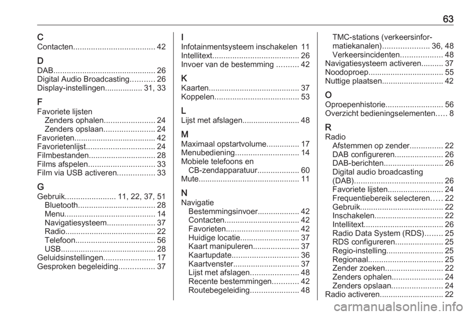 OPEL ADAM 2018 Handleiding Infotainment (in Dutch) 63CContacten ..................................... 42
D DAB .............................................. 26
Digital Audio Broadcasting ...........26
Display-instellingen................. 31, 33
F
Fa OPEL ADAM 2018 Handleiding Infotainment (in Dutch) 63CContacten ..................................... 42
D DAB .............................................. 26
Digital Audio Broadcasting ...........26
Display-instellingen................. 31, 33
F
Fa