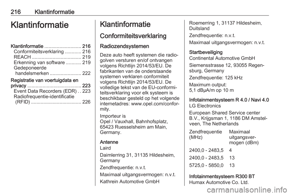 OPEL ADAM 2019 Gebruikershandleiding (in Dutch) 216KlantinformatieKlantinformatieKlantinformatie........................... 216
Conformiteitsverklaring ............216
REACH .................................... 219
Erkenning van software .......... OPEL ADAM 2019 Gebruikershandleiding (in Dutch) 216KlantinformatieKlantinformatieKlantinformatie........................... 216
Conformiteitsverklaring ............216
REACH .................................... 219
Erkenning van software ..........