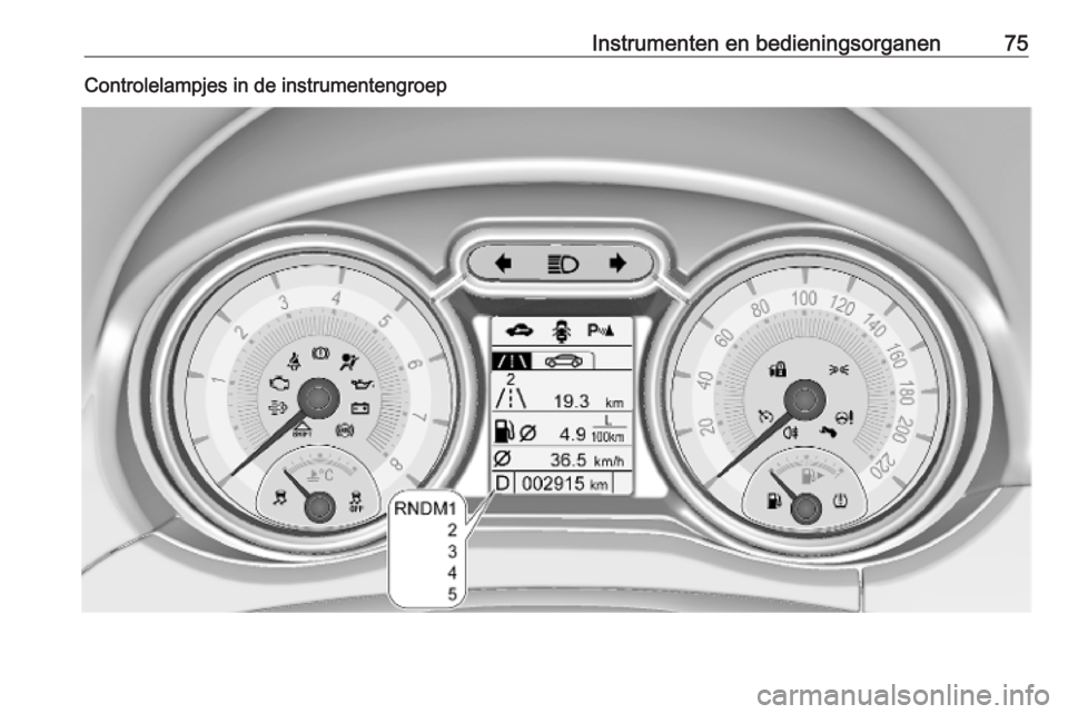 OPEL ADAM 2019 Gebruikershandleiding (in Dutch) Instrumenten en bedieningsorganen75Controlelampjes in de instrumentengroep OPEL ADAM 2019 Gebruikershandleiding (in Dutch) Instrumenten en bedieningsorganen75Controlelampjes in de instrumentengroep