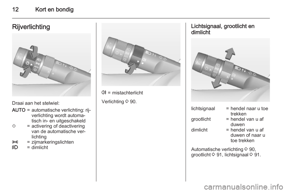 OPEL AMPERA 2014  Gebruikershandleiding (in Dutch) 12Kort en bondigRijverlichting
Draai aan het stelwiel:
AUTO=automatische verlichting: rij‐
verlichting wordt automa‐
tisch in- en uitgeschakeldm=activering of deactivering
van de automatische ver�