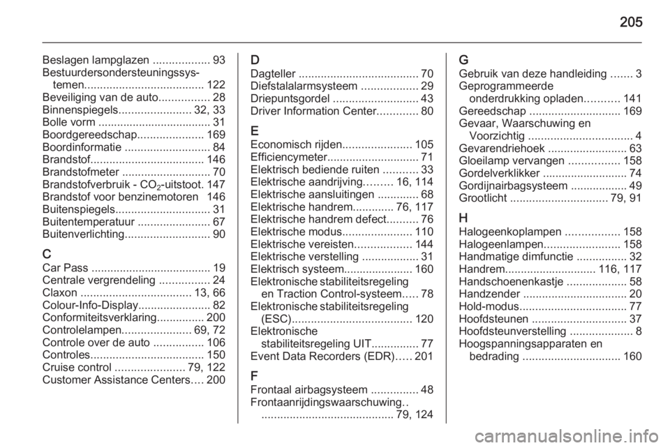 OPEL AMPERA 2014  Gebruikershandleiding (in Dutch) 205
Beslagen lampglazen ..................93
Bestuurdersondersteuningssys‐ temen ...................................... 122
Beveiliging van de auto ................28
Binnenspiegels ................
