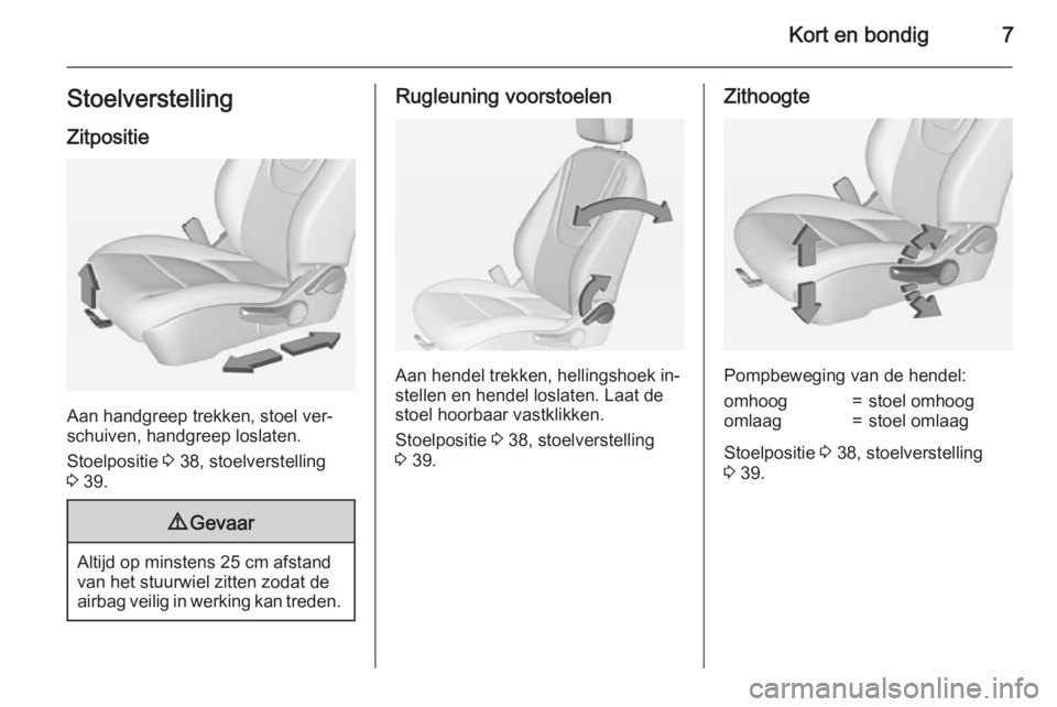 OPEL AMPERA 2014  Gebruikershandleiding (in Dutch) Kort en bondig7StoelverstellingZitpositie
Aan handgreep trekken, stoel ver‐
schuiven, handgreep loslaten.
Stoelpositie  3 38, stoelverstelling
3  39.
9 Gevaar
Altijd op minstens 25 cm afstand
van he