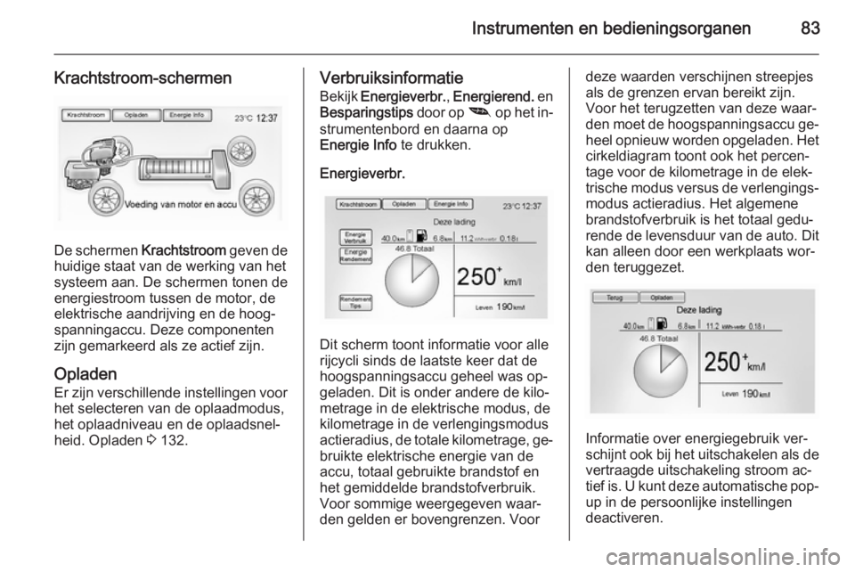 OPEL AMPERA 2014  Gebruikershandleiding (in Dutch) Instrumenten en bedieningsorganen83
Krachtstroom-schermen
De schermen Krachtstroom geven de
huidige staat van de werking van het
systeem aan. De schermen tonen de
energiestroom tussen de motor, de
ele