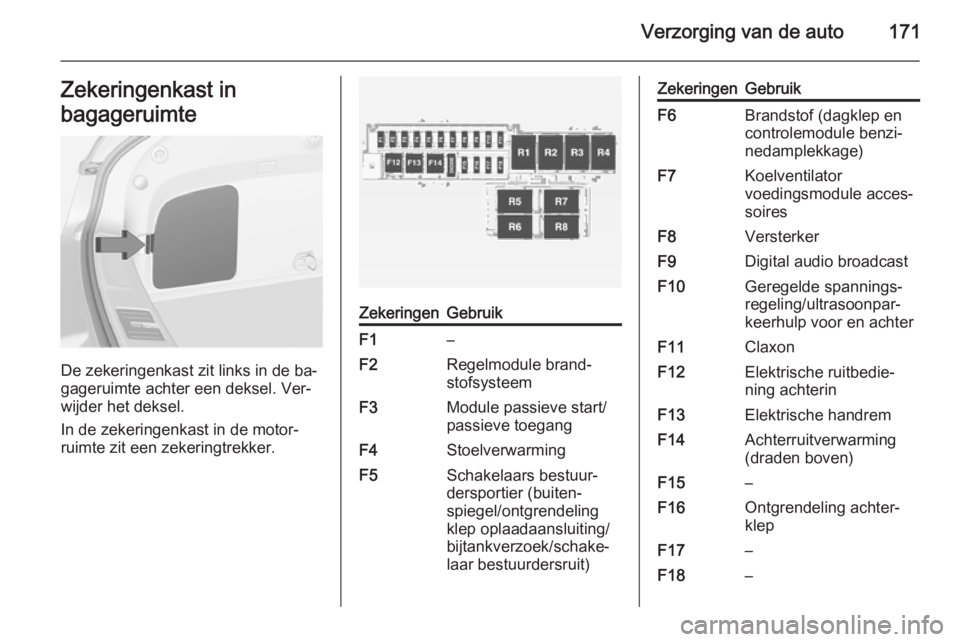 OPEL AMPERA 2015  Gebruikershandleiding (in Dutch) Verzorging van de auto171Zekeringenkast in
bagageruimte
De zekeringenkast zit links in de ba‐
gageruimte achter een deksel. Ver‐
wijder het deksel.
In de zekeringenkast in de motor‐
ruimte zit e