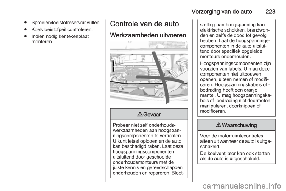 OPEL AMPERA E 2018  Gebruikershandleiding (in Dutch) Verzorging van de auto223●Sproeiervloeistofreservoir vullen.
● Koelvloeistofpeil controleren.
● Indien nodig kentekenplaat monteren.Controle van de auto
Werkzaamheden uitvoeren9 Gevaar
Probeer n