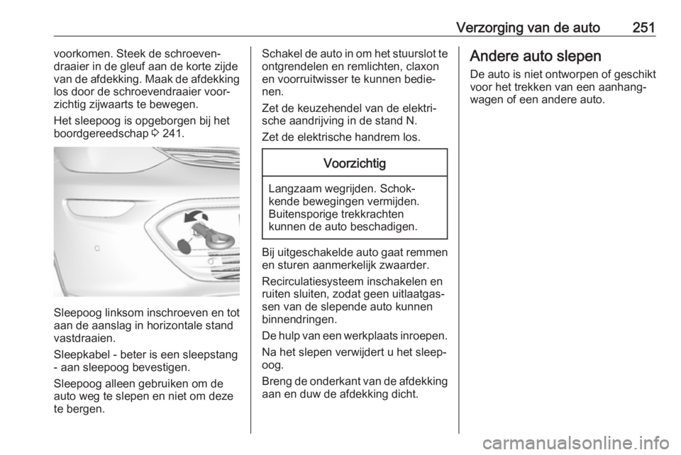 OPEL AMPERA E 2018  Gebruikershandleiding (in Dutch) Verzorging van de auto251voorkomen. Steek de schroeven‐draaier in de gleuf aan de korte zijde
van de afdekking. Maak de afdekking
los door de schroevendraaier voor‐
zichtig zijwaarts te bewegen.
H