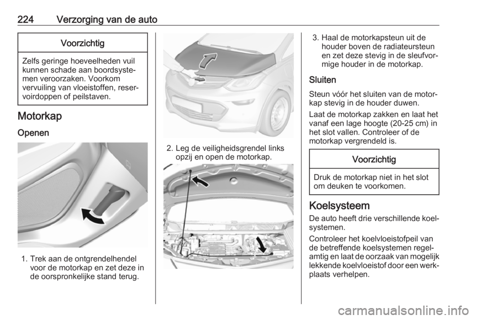 OPEL AMPERA E 2018.5 Gebruikershandleiding (in Dutch) 224Verzorging van de autoVoorzichtig
Zelfs geringe hoeveelheden vuil
kunnen schade aan boordsyste‐
men veroorzaken. Voorkom
vervuiling van vloeistoffen, reser‐ voirdoppen of peilstaven.
Motorkap
O OPEL AMPERA E 2018.5 Gebruikershandleiding (in Dutch) 224Verzorging van de autoVoorzichtig
Zelfs geringe hoeveelheden vuil
kunnen schade aan boordsyste‐
men veroorzaken. Voorkom
vervuiling van vloeistoffen, reser‐ voirdoppen of peilstaven.
Motorkap
O