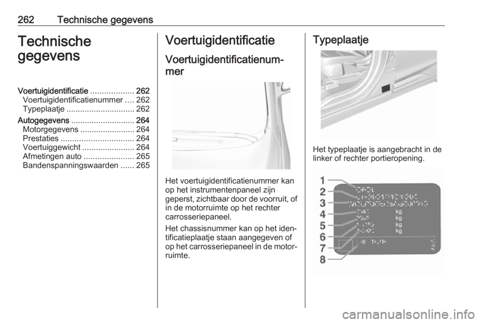 OPEL AMPERA E 2019  Gebruikershandleiding (in Dutch) 262Technische gegevensTechnische
gegevensVoertuigidentificatie ...................262
Voertuigidentificatienummer ....262
Typeplaatje .............................. 262
Autogegevens ..................