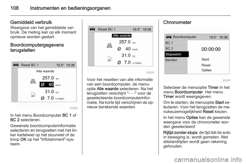 OPEL ANTARA 2015  Gebruikershandleiding (in Dutch) 108Instrumenten en bedieningsorganen
Gemiddeld verbruik
Weergave van het gemiddelde ver‐
bruik. De meting kan op elk moment
opnieuw worden gestart.
Boordcomputergegevens
terugstellen
In het menu Boo