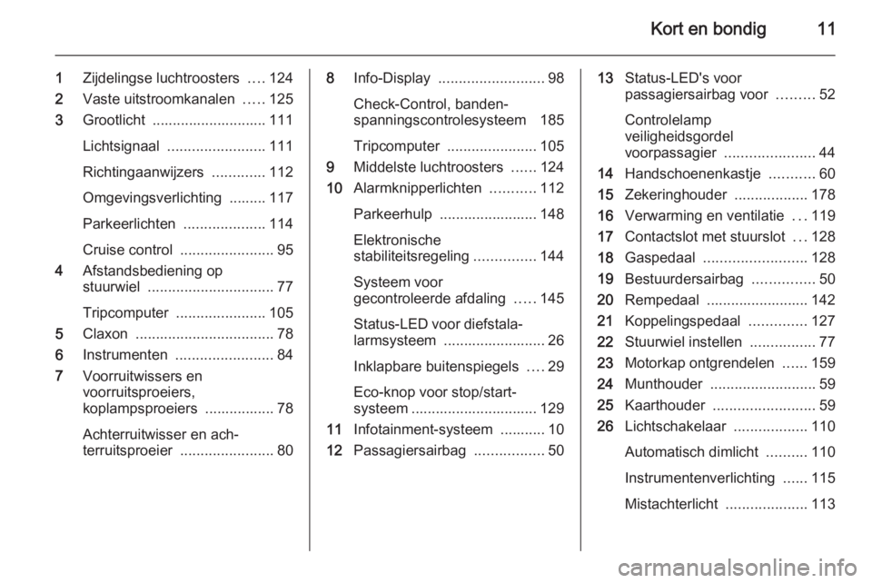 OPEL ANTARA 2015  Gebruikershandleiding (in Dutch) Kort en bondig11
1Zijdelingse luchtroosters  ....124
2 Vaste uitstroomkanalen  .....125
3 Grootlicht  ............................ 111
Lichtsignaal  ........................ 111
Richtingaanwijzers  ..