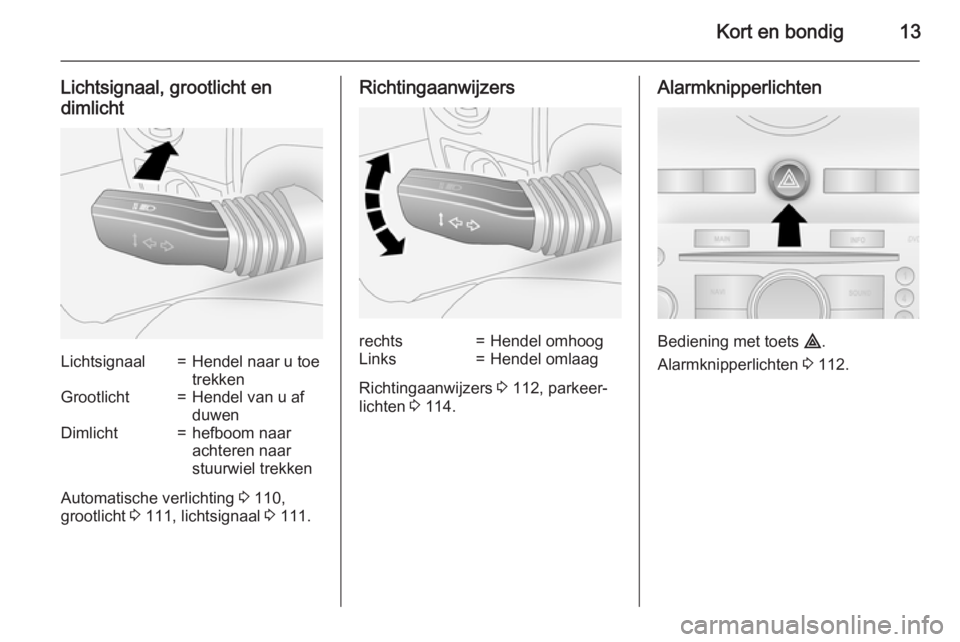 OPEL ANTARA 2015  Gebruikershandleiding (in Dutch) Kort en bondig13
Lichtsignaal, grootlicht en
dimlichtLichtsignaal=Hendel naar u toe
trekkenGrootlicht=Hendel van u af
duwenDimlicht=hefboom naar
achteren naar
stuurwiel trekken
Automatische verlichtin