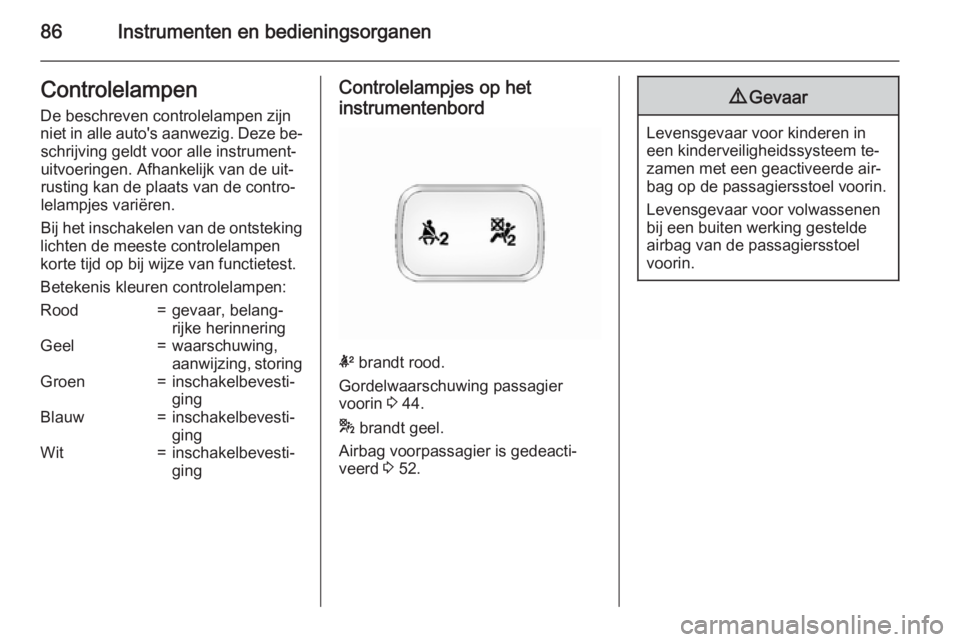 OPEL ANTARA 2015  Gebruikershandleiding (in Dutch) 86Instrumenten en bedieningsorganenControlelampen
De beschreven controlelampen zijn
niet in alle auto's aanwezig. Deze be‐ schrijving geldt voor alle instrument‐
uitvoeringen. Afhankelijk van 