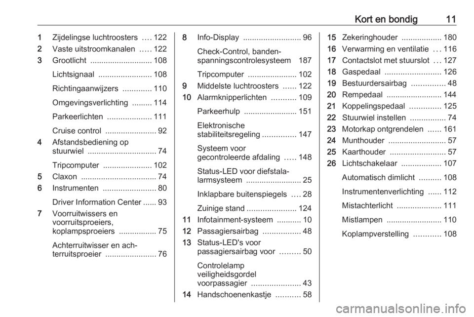 OPEL ANTARA 2016.5  Gebruikershandleiding (in Dutch) Kort en bondig111Zijdelingse luchtroosters  ....122
2 Vaste uitstroomkanalen  .....122
3 Grootlicht  ............................ 108
Lichtsignaal  ........................ 108
Richtingaanwijzers  ...