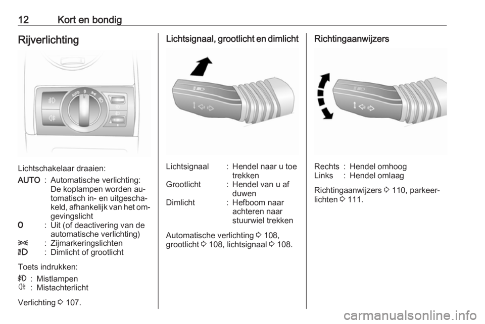 OPEL ANTARA 2016.5  Gebruikershandleiding (in Dutch) 12Kort en bondigRijverlichting
Lichtschakelaar draaien:
AUTO:Automatische verlichting:
De koplampen worden au‐
tomatisch in- en uitgescha‐
keld, afhankelijk van het om‐
gevingslicht7:Uit (of dea