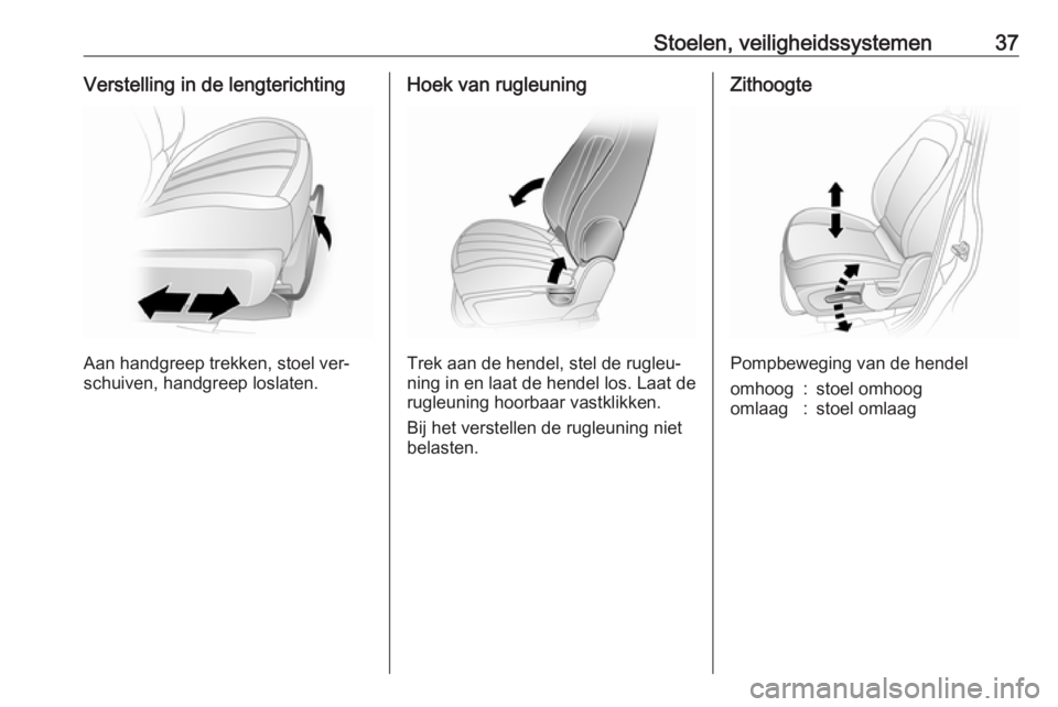 OPEL ANTARA 2016.5  Gebruikershandleiding (in Dutch) Stoelen, veiligheidssystemen37Verstelling in de lengterichting
Aan handgreep trekken, stoel ver‐
schuiven, handgreep loslaten.
Hoek van rugleuning
Trek aan de hendel, stel de rugleu‐
ning in en la
