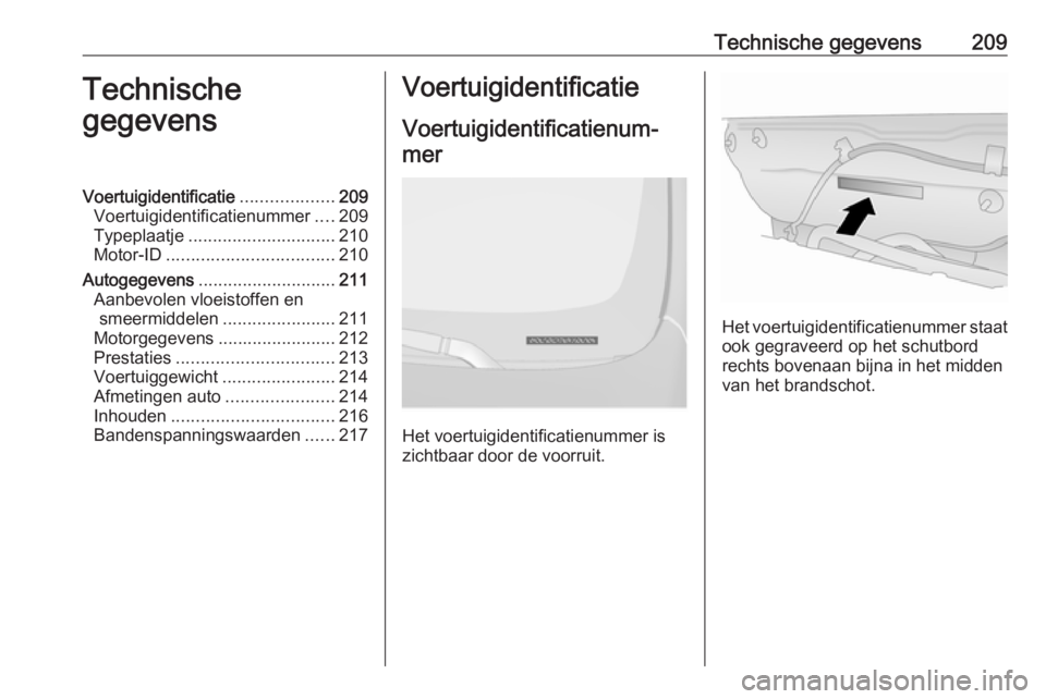 OPEL ANTARA 2017.5  Gebruikershandleiding (in Dutch) Technische gegevens209Technische
gegevensVoertuigidentificatie ...................209
Voertuigidentificatienummer ....209
Typeplaatje .............................. 210
Motor-ID ......................