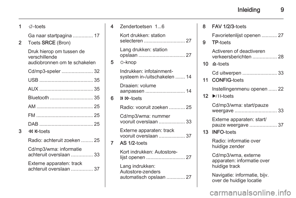 OPEL ASTRA J 2014.5  Handleiding Infotainment (in Dutch) Inleiding9
1;-toets
Ga naar startpagina ..............17
2 Toets  SRCE (Bron)
Druk hierop om tussen de
verschillende
audiobronnen om te schakelen
Cd/mp3-speler ......................32
USB ...........