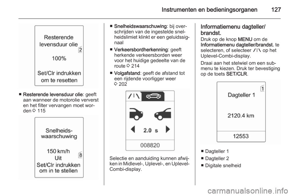 OPEL ASTRA J 2014.5  Gebruikershandleiding (in Dutch) Instrumenten en bedieningsorganen127
■Resterende levensduur olie : geeft
aan wanneer de motorolie ververst
en het filter vervangen moet wor‐
den  3 115
■ Snelheidswaarschuwing : bij over‐
schr