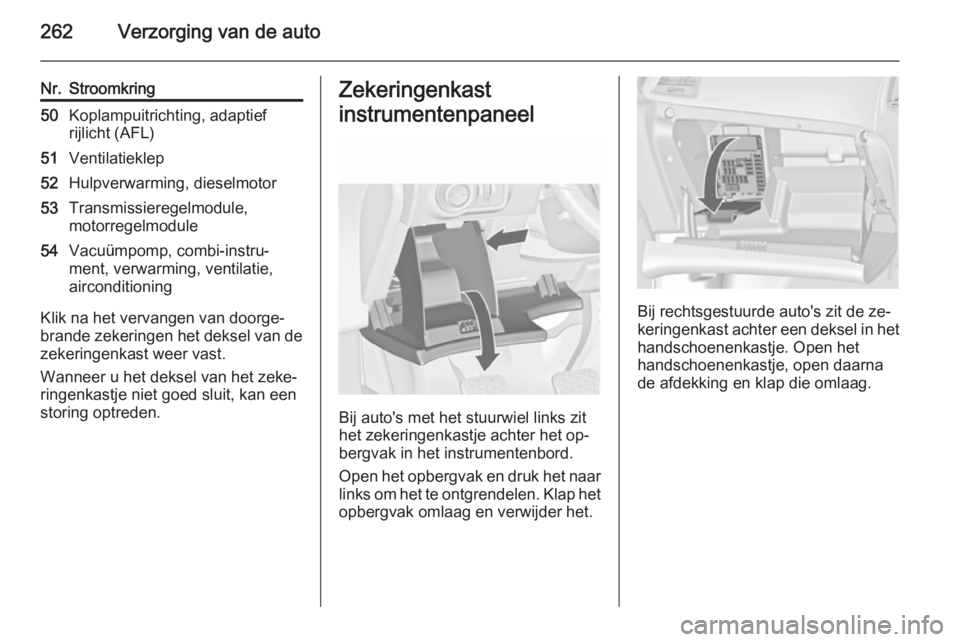 OPEL ASTRA J 2014.5  Gebruikershandleiding (in Dutch) 262Verzorging van de auto
Nr.Stroomkring50Koplampuitrichting, adaptief
rijlicht (AFL)51Ventilatieklep52Hulpverwarming, dieselmotor53Transmissieregelmodule,
motorregelmodule54Vacuümpomp, combi-instru�