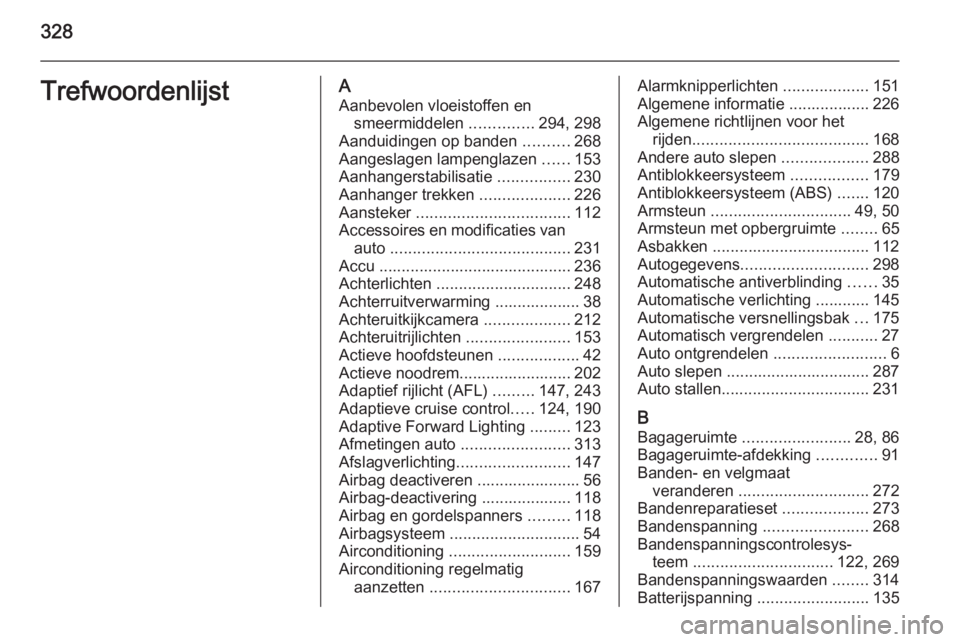 OPEL ASTRA J 2014.5  Gebruikershandleiding (in Dutch) 328TrefwoordenlijstAAanbevolen vloeistoffen en smeermiddelen  ..............294, 298
Aanduidingen op banden  ..........268
Aangeslagen lampenglazen  ......153
Aanhangerstabilisatie  ................23