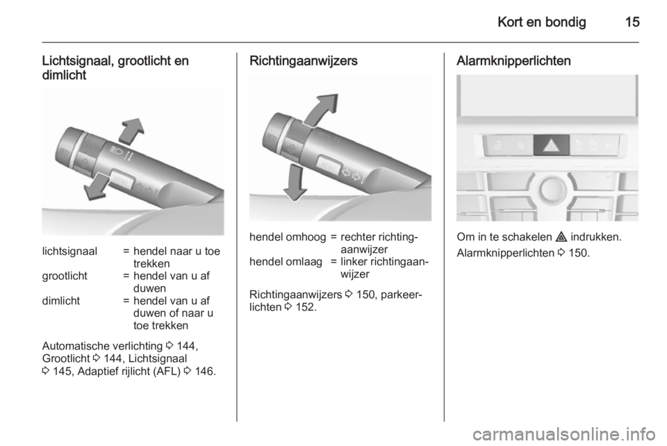 OPEL ASTRA J 2015.75  Gebruikershandleiding (in Dutch) Kort en bondig15
Lichtsignaal, grootlicht en
dimlichtlichtsignaal=hendel naar u toe
trekkengrootlicht=hendel van u af
duwendimlicht=hendel van u af
duwen of naar u
toe trekken
Automatische verlichting