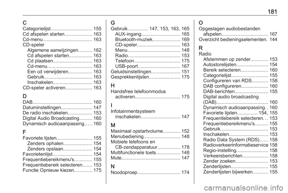 OPEL ASTRA J 2016 Handleiding Infotainment (in Dutch) 181CCategorielijst ............................... 155
Cd afspelen starten ....................163
Cd-menu ..................................... 163
CD-speler Algemene aanwijzingen ..........162
Cd af OPEL ASTRA J 2016 Handleiding Infotainment (in Dutch) 181CCategorielijst ............................... 155
Cd afspelen starten ....................163
Cd-menu ..................................... 163
CD-speler Algemene aanwijzingen ..........162
Cd af