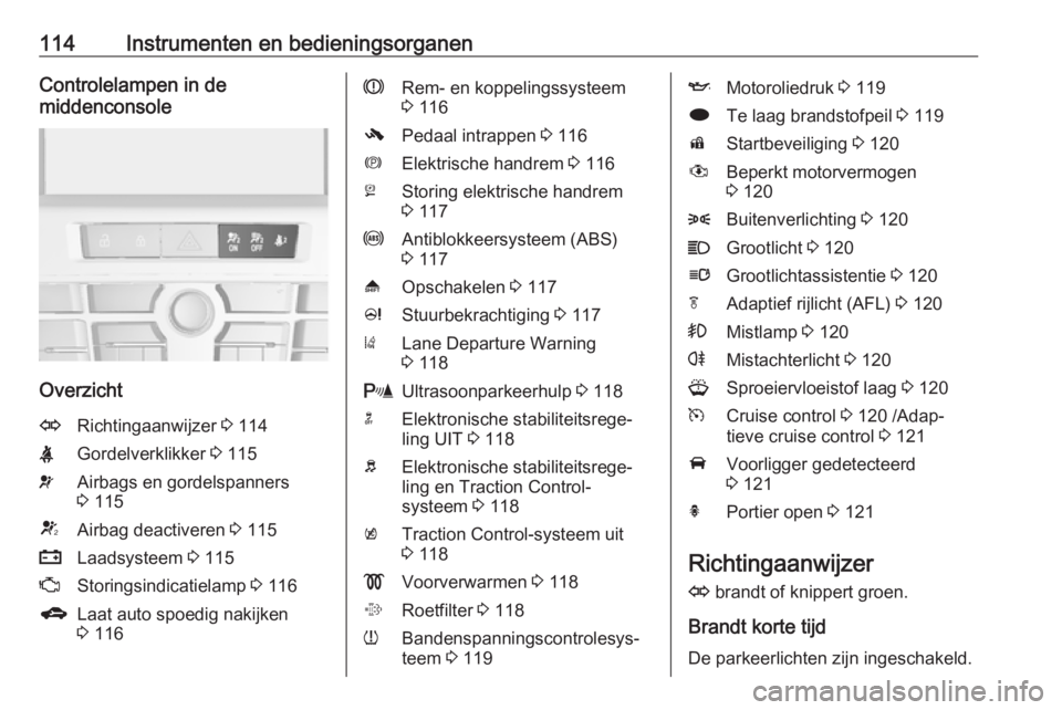 OPEL ASTRA J 2016  Gebruikershandleiding (in Dutch) 114Instrumenten en bedieningsorganenControlelampen in de
middenconsole
Overzicht
ORichtingaanwijzer  3 114XGordelverklikker  3 115vAirbags en gordelspanners
3  115VAirbag deactiveren  3 115pLaadsystee