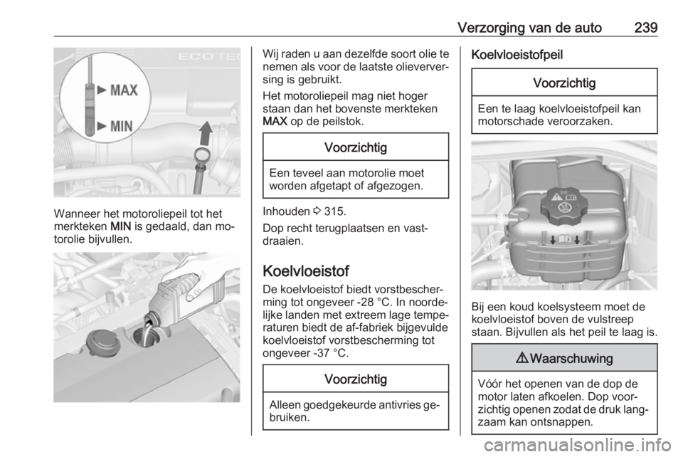 OPEL ASTRA J 2016.5 Gebruikershandleiding (in Dutch) Verzorging van de auto239
Wanneer het motoroliepeil tot het
merkteken MIN is gedaald, dan mo‐
torolie bijvullen.
Wij raden u aan dezelfde soort olie te nemen als voor de laatste olieverver‐
sing OPEL ASTRA J 2016.5 Gebruikershandleiding (in Dutch) Verzorging van de auto239
Wanneer het motoroliepeil tot het
merkteken MIN is gedaald, dan mo‐
torolie bijvullen.
Wij raden u aan dezelfde soort olie te nemen als voor de laatste olieverver‐
sing