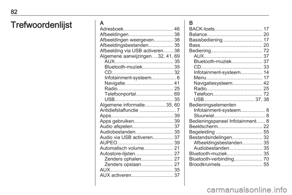 OPEL ASTRA J 2017 Handleiding Infotainment (in Dutch) 82TrefwoordenlijstAAdresboek .................................... 46
Afbeeldingen ................................ 38
Afbeeldingen weergeven ..............38
Afbeeldingsbestanden ..................35
OPEL ASTRA J 2017 Handleiding Infotainment (in Dutch) 82TrefwoordenlijstAAdresboek .................................... 46
Afbeeldingen ................................ 38
Afbeeldingen weergeven ..............38
Afbeeldingsbestanden ..................35