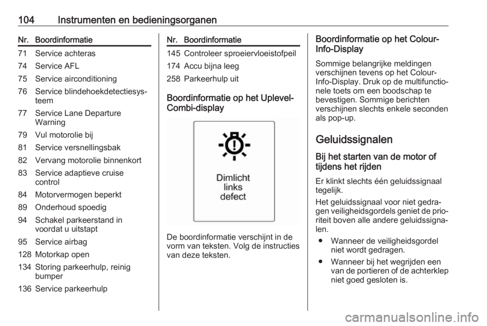 OPEL ASTRA J 2017  Gebruikershandleiding (in Dutch) 104Instrumenten en bedieningsorganenNr.Boordinformatie71Service achteras74Service AFL75Service airconditioning76Service blindehoekdetectiesys‐
teem77Service Lane Departure
Warning79Vul motorolie bij
