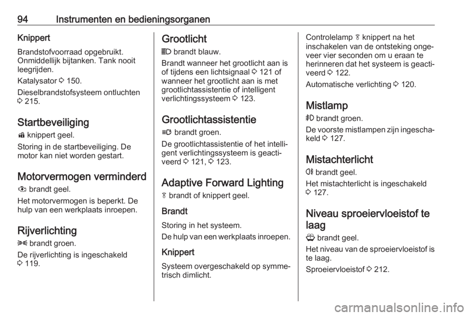 OPEL ASTRA J 2017  Gebruikershandleiding (in Dutch) 94Instrumenten en bedieningsorganenKnippert
Brandstofvoorraad opgebruikt.
Onmiddellijk bijtanken. Tank nooit
leegrijden.
Katalysator  3 150.
Dieselbrandstofsysteem ontluchten
3  215.
Startbeveiliging
