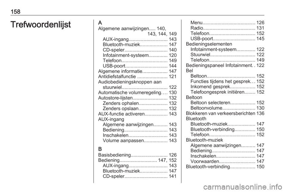 OPEL ASTRA J 2018  Handleiding Infotainment (in Dutch) 158TrefwoordenlijstAAlgemene aanwijzingen..... 140, 143, 144, 149
AUX-ingang ............................. 143
Bluetooth-muziek ....................147
CD-speler ................................ 140
I