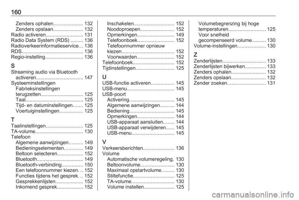 OPEL ASTRA J 2018  Handleiding Infotainment (in Dutch) 160Zenders ophalen.....................132
Zenders opslaan .....................132
Radio activeren........................... 131
Radio Data System (RDS) ......... 136
Radioverkeerinformatieservice .