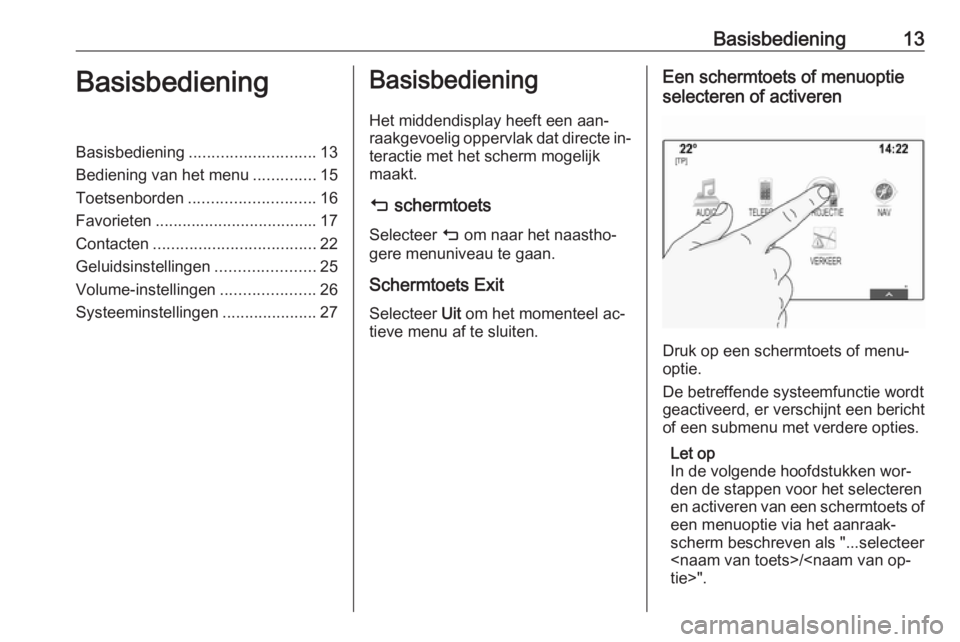 OPEL ASTRA K 2016  Handleiding Infotainment (in Dutch) Basisbediening13BasisbedieningBasisbediening............................ 13
Bediening van het menu ..............15
Toetsenborden ............................ 16
Favorieten ...........................