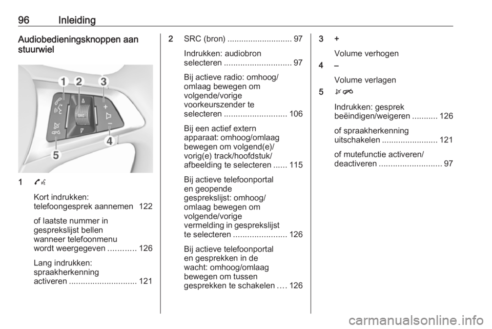OPEL ASTRA K 2016  Handleiding Infotainment (in Dutch) 96InleidingAudiobedieningsknoppen aan
stuurwiel
1 7w
Kort indrukken:
telefoongesprek aannemen 122
of laatste nummer in
gesprekslijst bellen
wanneer telefoonmenu
wordt weergegeven ............126
Lang 