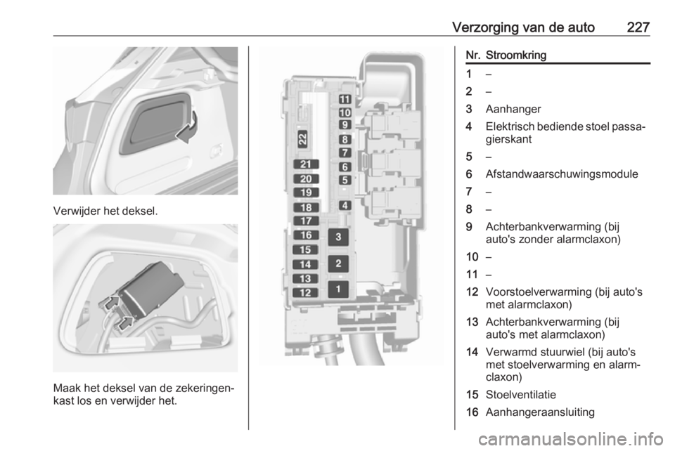 OPEL ASTRA K 2016 Gebruikershandleiding (in Dutch) Verzorging van de auto227
Verwijder het deksel.
Maak het deksel van de zekeringen‐
kast los en verwijder het.
Nr.Stroomkring1–2–3Aanhanger4Elektrisch bediende stoel passa‐ gierskant5–6Afstan OPEL ASTRA K 2016 Gebruikershandleiding (in Dutch) Verzorging van de auto227
Verwijder het deksel.
Maak het deksel van de zekeringen‐
kast los en verwijder het.
Nr.Stroomkring1–2–3Aanhanger4Elektrisch bediende stoel passa‐ gierskant5–6Afstan