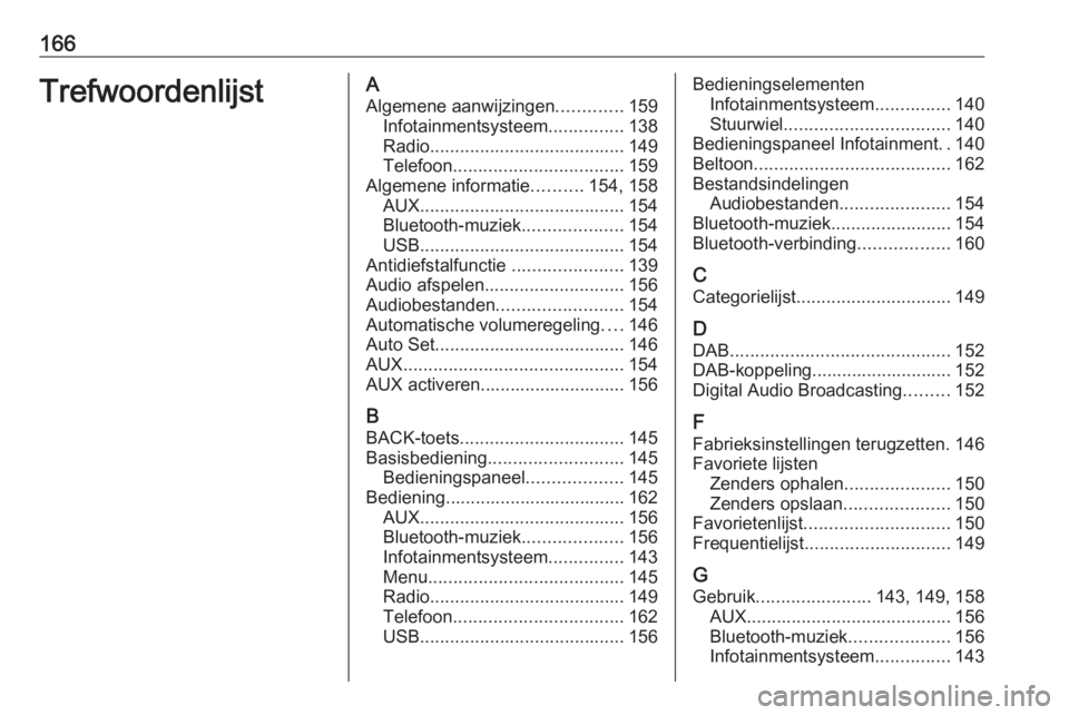 OPEL ASTRA K 2016.5  Handleiding Infotainment (in Dutch) 166TrefwoordenlijstAAlgemene aanwijzingen .............159
Infotainmentsysteem ...............138
Radio ....................................... 149
Telefoon .................................. 159
Alge