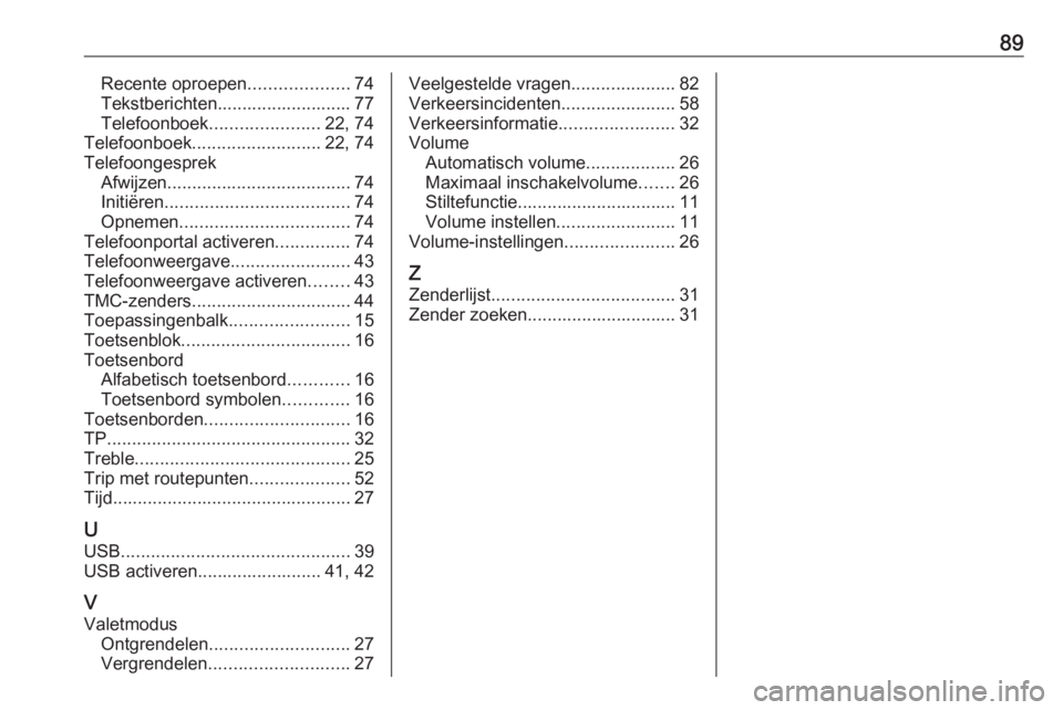 OPEL ASTRA K 2016.5  Handleiding Infotainment (in Dutch) 89Recente oproepen....................74
Tekstberichten........................... 77
Telefoonboek ...................... 22, 74
Telefoonboek .......................... 22, 74
Telefoongesprek Afwijzen