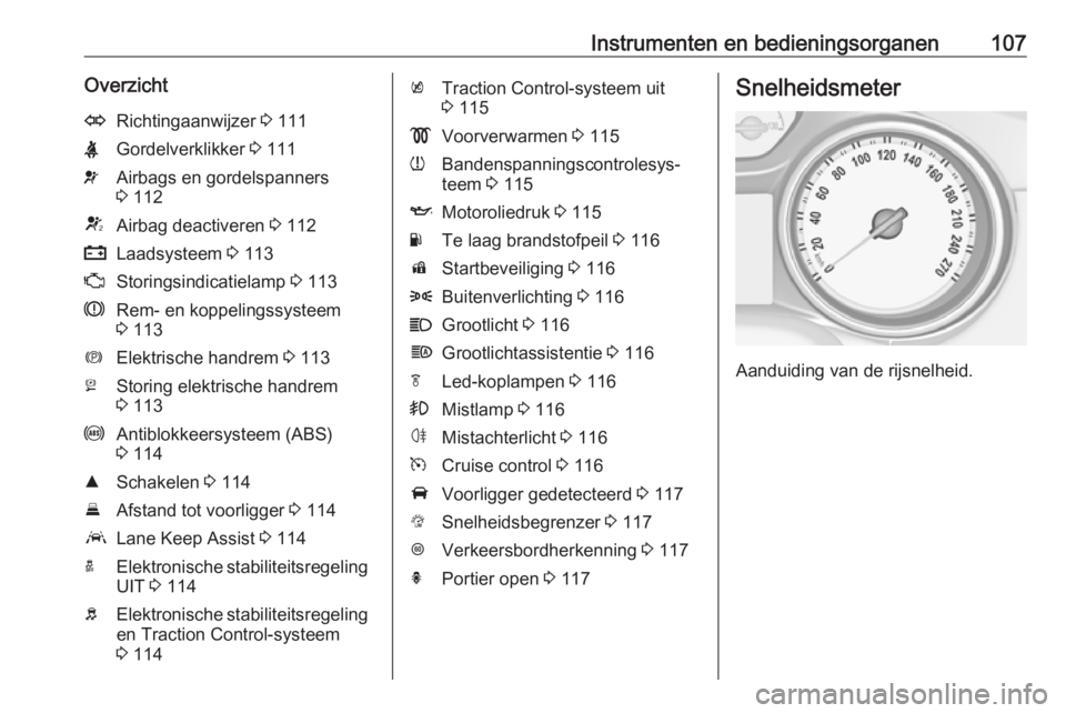 OPEL ASTRA K 2016.5  Gebruikershandleiding (in Dutch) Instrumenten en bedieningsorganen107OverzichtORichtingaanwijzer 3 111XGordelverklikker  3 111vAirbags en gordelspanners
3  112VAirbag deactiveren  3 112pLaadsysteem  3 113ZStoringsindicatielamp  3 113