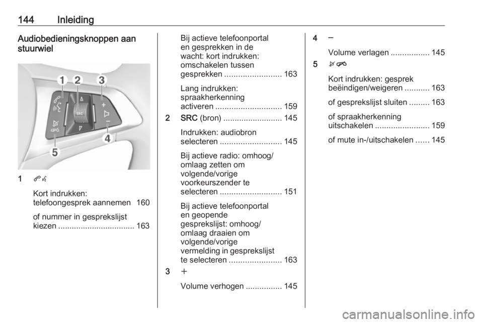 OPEL ASTRA K 2017 Handleiding Infotainment (in Dutch) 144InleidingAudiobedieningsknoppen aan
stuurwiel
1 qw
Kort indrukken:
telefoongesprek aannemen 160
of nummer in gesprekslijst
kiezen .................................. 163
Bij actieve telefoonportal
e OPEL ASTRA K 2017 Handleiding Infotainment (in Dutch) 144InleidingAudiobedieningsknoppen aan
stuurwiel
1 qw
Kort indrukken:
telefoongesprek aannemen 160
of nummer in gesprekslijst
kiezen .................................. 163
Bij actieve telefoonportal
e
