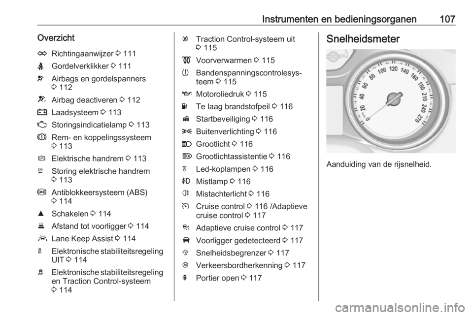 OPEL ASTRA K 2017  Gebruikershandleiding (in Dutch) Instrumenten en bedieningsorganen107OverzichtORichtingaanwijzer 3 111XGordelverklikker  3 111vAirbags en gordelspanners
3  112VAirbag deactiveren  3 112pLaadsysteem  3 113ZStoringsindicatielamp  3 113