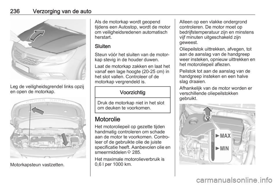 OPEL ASTRA K 2017  Gebruikershandleiding (in Dutch) 236Verzorging van de auto
Leg de veiligheidsgrendel links opzij
en open de motorkap.
Motorkapsteun vastzetten.
Als de motorkap wordt geopend
tijdens een Autostop, wordt de motor
om veiligheidsredenen 