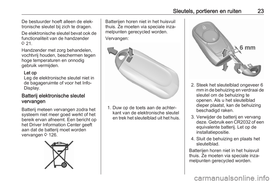 OPEL ASTRA K 2017  Gebruikershandleiding (in Dutch) Sleutels, portieren en ruiten23De bestuurder hoeft alleen de elek‐
tronische sleutel bij zich te dragen.
De elektronische sleutel bevat ook de
functionaliteit van de handzender
3  21.
Handzender met