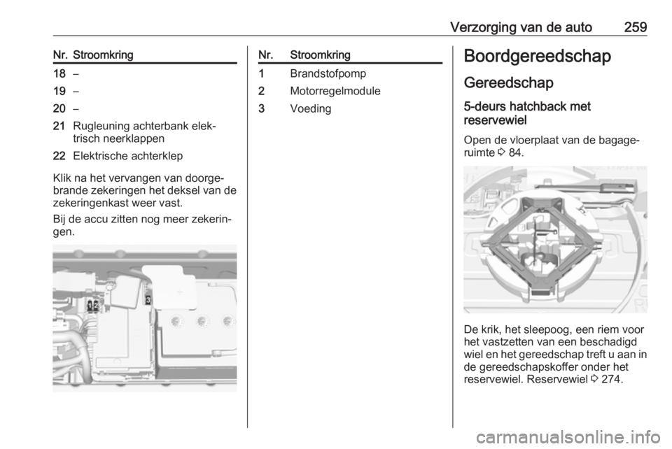OPEL ASTRA K 2017 Gebruikershandleiding (in Dutch) Verzorging van de auto259Nr.Stroomkring18–19–20–21Rugleuning achterbank elek‐
trisch neerklappen22Elektrische achterklep
Klik na het vervangen van doorge‐
brande zekeringen het deksel van de OPEL ASTRA K 2017 Gebruikershandleiding (in Dutch) Verzorging van de auto259Nr.Stroomkring18–19–20–21Rugleuning achterbank elek‐
trisch neerklappen22Elektrische achterklep
Klik na het vervangen van doorge‐
brande zekeringen het deksel van de