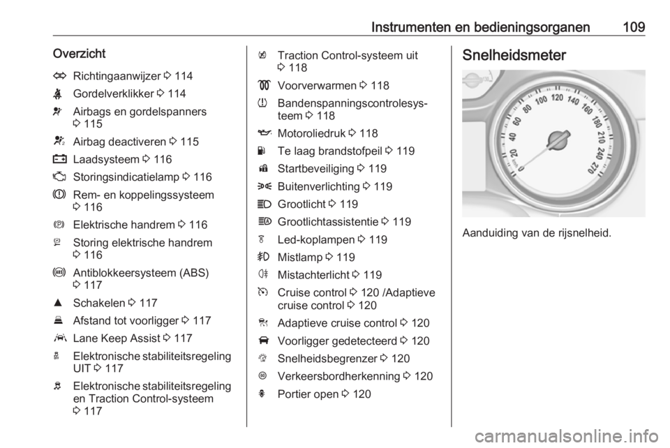 OPEL ASTRA K 2017.5  Gebruikershandleiding (in Dutch) Instrumenten en bedieningsorganen109OverzichtORichtingaanwijzer 3 114XGordelverklikker  3 114vAirbags en gordelspanners
3  115VAirbag deactiveren  3 115pLaadsysteem  3 116ZStoringsindicatielamp  3 116