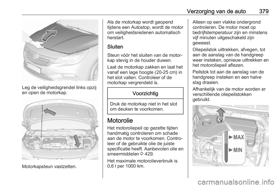 OPEL ASTRA K 2017.5 Gebruikershandleiding (in Dutch) Verzorging van de auto379
Leg de veiligheidsgrendel links opzij
en open de motorkap.
Motorkapsteun vastzetten.
Als de motorkap wordt geopend
tijdens een Autostop, wordt de motor
om veiligheidsredenen OPEL ASTRA K 2017.5 Gebruikershandleiding (in Dutch) Verzorging van de auto379
Leg de veiligheidsgrendel links opzij
en open de motorkap.
Motorkapsteun vastzetten.
Als de motorkap wordt geopend
tijdens een Autostop, wordt de motor
om veiligheidsredenen