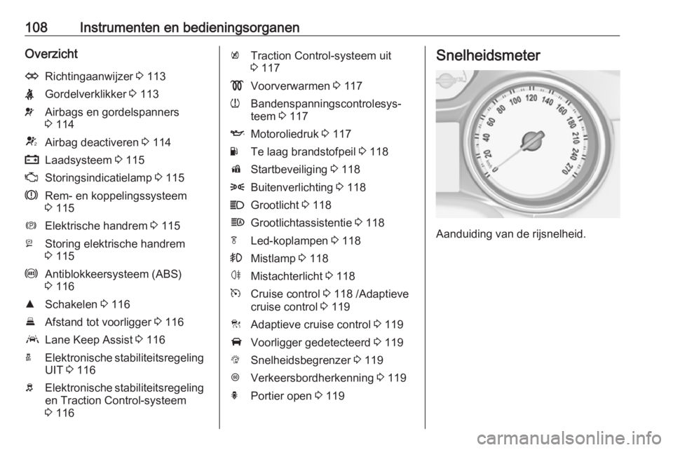 OPEL ASTRA K 2018  Gebruikershandleiding (in Dutch) 108Instrumenten en bedieningsorganenOverzichtORichtingaanwijzer 3 113XGordelverklikker  3 113vAirbags en gordelspanners
3  114VAirbag deactiveren  3 114pLaadsysteem  3 115ZStoringsindicatielamp  3 115