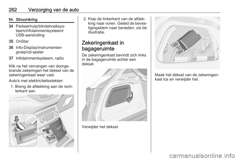 OPEL ASTRA K 2018  Gebruikershandleiding (in Dutch) 262Verzorging van de autoNr.Stroomkring34Parkeerhulp/blindehoeksys‐
teem/infotainmentsysteem/
USB-aansluiting35OnStar36Info-Display/instrumenten‐
groep/cd-speler37Infotainmentsysteem, radio
Klik n